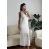 Boyun Bağlamalı Dantel Elbise - BEYAZ