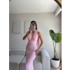 Boyun Bağlamalı Gofre Elbise - PEMBE