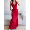 Boyun Bağlamalı Maxi Elbise - KIRMIZI