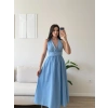 Boyun Bağlamalı Poplin Elbise - MAVİ