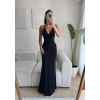 Büzgülü Boyun Bağlamalı Maxi Elbise - SİYAH