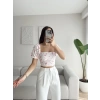 Çiçek Baskı Kare Yaka Crop