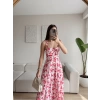 Çiçek Desen Omuz Bağlamalı Elbise - KIRMIZI