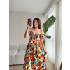 Çiçek Desen Tiril Elbise- TURUNCU