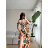 Çiçek Desen Tiril Elbise- TURUNCU