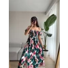 Çiçek Desen Tiril Elbise- YEŞİL