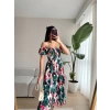 Çiçek Desen Tiril Elbise- YEŞİL