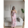 Çiçek Desen Straplez Tül Elbise - PEMBE