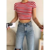 Çizgili Crop T-shirt-BEYAZKIRMIZI