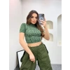 Çizgili Dik Yaka Crop-YEŞİL