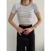 Çizgili Kaşkorse Crop Tshirt - BEYAZ