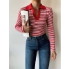 Çizgili Polo Yaka Kaşkorse Crop Bluz-KIRMIZI