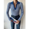 Çizgili Polo Yaka Kaşkorse Crop Bluz-MAVİ