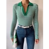 Çizgili Polo Yaka Kaşkorse Crop Bluz-YEŞİL