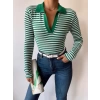 Çizgili Polo Yaka Kaşkorse Crop Bluz-YEŞİL