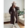 Çizgili Premium Oversize Trençkot - KAHVE