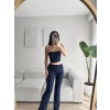 Çizgili Straplez Crop & Pantolon Takım - LACİVERT