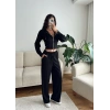 Crop Hırka & Çimalı Pantolon Takım - SİYAH