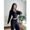 Crop Hırka & Çimalı Pantolon Takım - SİYAH