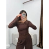 Dantel Detay Asimetrik Bluz - KAHVE