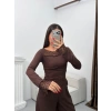 Dantel Detay Asimetrik Bluz - KAHVE