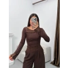 Dantel Detay Asimetrik Bluz - KAHVE