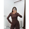Dantel Detay Asimetrik Bluz - KAHVE