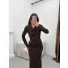 Degaje Yaka Aksesuarlı Elbise - KAHVE