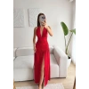 Derin Yırtmaç Boyun Geçmeli Elbise - KIRMIZI