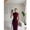 Dik Yaka Simli Drapeli Elbise - BORDO