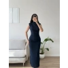 Drapeli Simli Long Elbise - LACİVERT