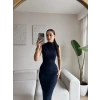Dik Yaka Simli Drapeli Elbise - LACİVERT
