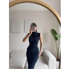 Dik Yaka Simli Drapeli Elbise - LACİVERT