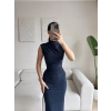 Dik Yaka Simli Drapeli Elbise - LACİVERT