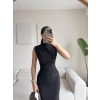 Dik Yaka Simli Drapeli Elbise - SİYAH