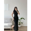 Drapeli Simli Long Elbise - SİYAH