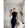 Dik Yaka Simli Drapeli Elbise - SİYAH