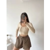 Dikiş Detay Crop Bluz-BEJ