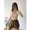 Dikiş Detay Crop Bluz-BEJ