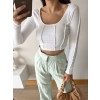 Dikiş Detay Crop Bluz-BEYAZ