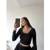 Dikiş Detay Crop Bluz-SİYAH