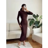 Yan Drapeli Long Elbise - KAHVE
