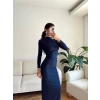 Yan Drapeli Long Elbise - LACİVERT