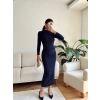 Yan Drapeli Long Elbise - LACİVERT