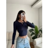 Düğmeli Buzzy Kumaş Crop - LACİVERT