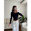 Düğmeli Buzzy Kumaş Crop - SİYAH