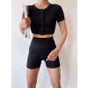 Düğmeli Crop Kısa Taytlı Takım-SİYAH