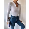 Fermuar Detay Polo Yaka Crop Bluz-BEYAZ
