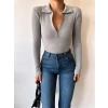 Fermuar Detay Polo Yaka Crop Bluz-GRİ