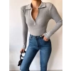 Fermuar Detay Polo Yaka Crop Bluz-GRİ